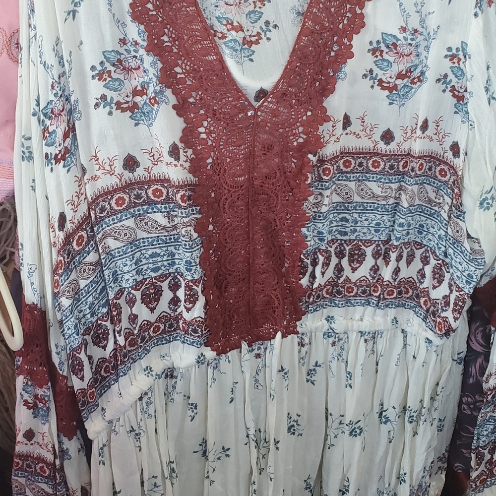 Boho chic 3xl guaze tunic/ dress. Crochet detail. Long bell sleeves